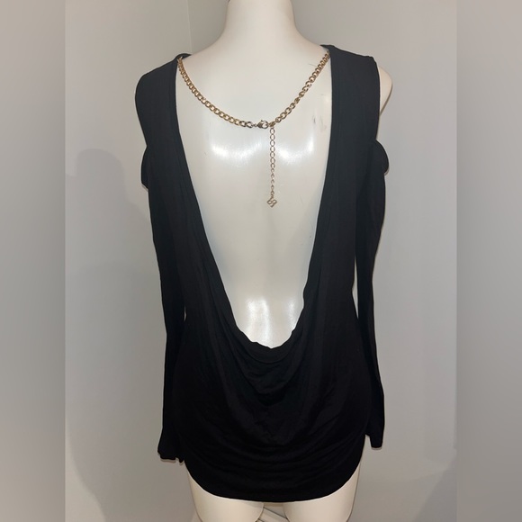 BCBGMaxazria BCBG Maxazria Off Shoulder Backless Chain Long Sleeve Black Shirt - Picture 2 of 5